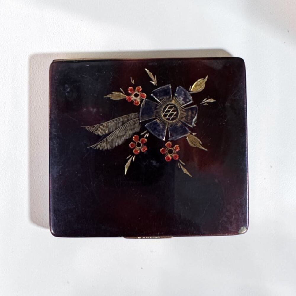 Vintage 1940s Compact West Germany Floral Etched Gold Brown 2.25”x2”